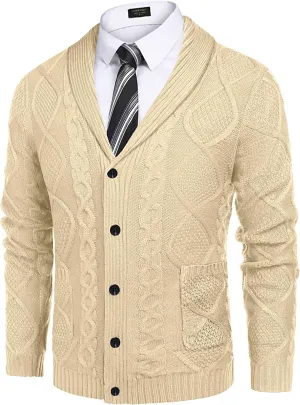 COOFANDY Mens Shawl Collar Cardigan Sweater Slim Fit Button Down Cable Knitted Sweater with Pockets