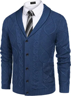 COOFANDY Mens Shawl Collar Cardigan Sweater Slim Fit Button Down Cable Knitted Sweater with Pockets
