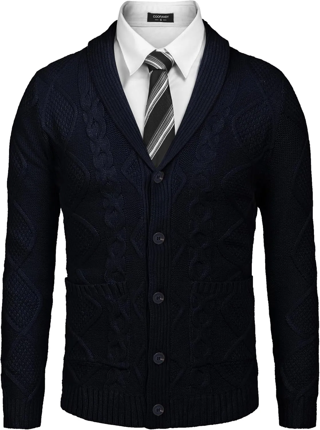 COOFANDY Mens Shawl Collar Cardigan Sweater Slim Fit Button Down Cable Knitted Sweater with Pockets
