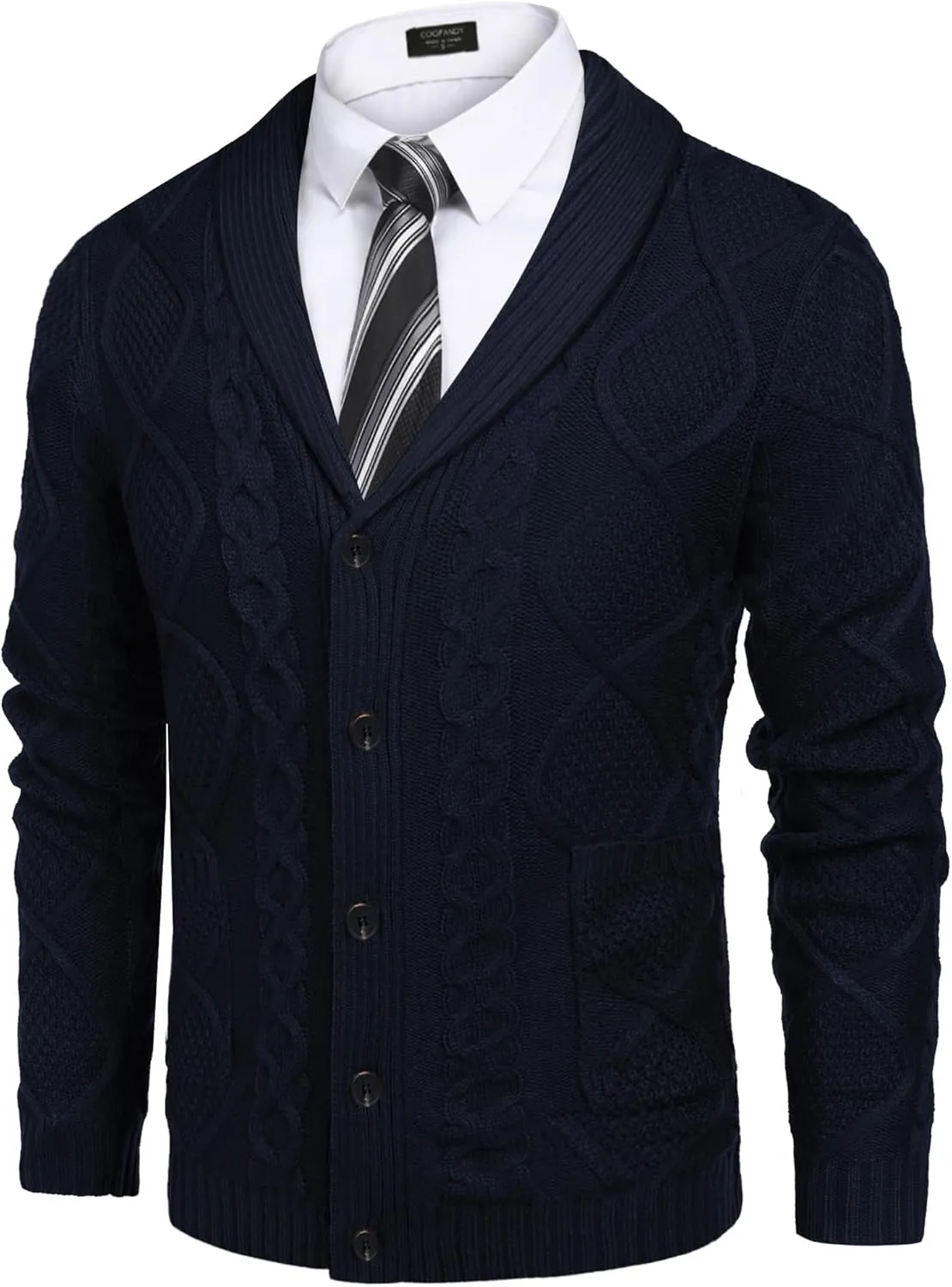 COOFANDY Mens Shawl Collar Cardigan Sweater Slim Fit Button Down Cable Knitted Sweater with Pockets
