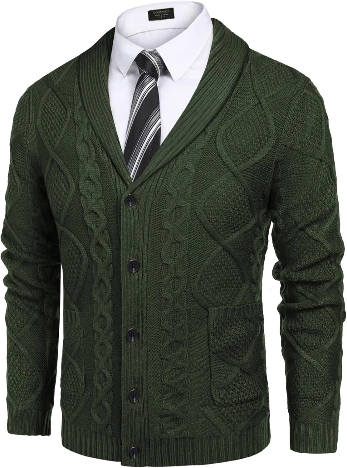 COOFANDY Mens Shawl Collar Cardigan Sweater Slim Fit Button Down Cable Knitted Sweater with Pockets