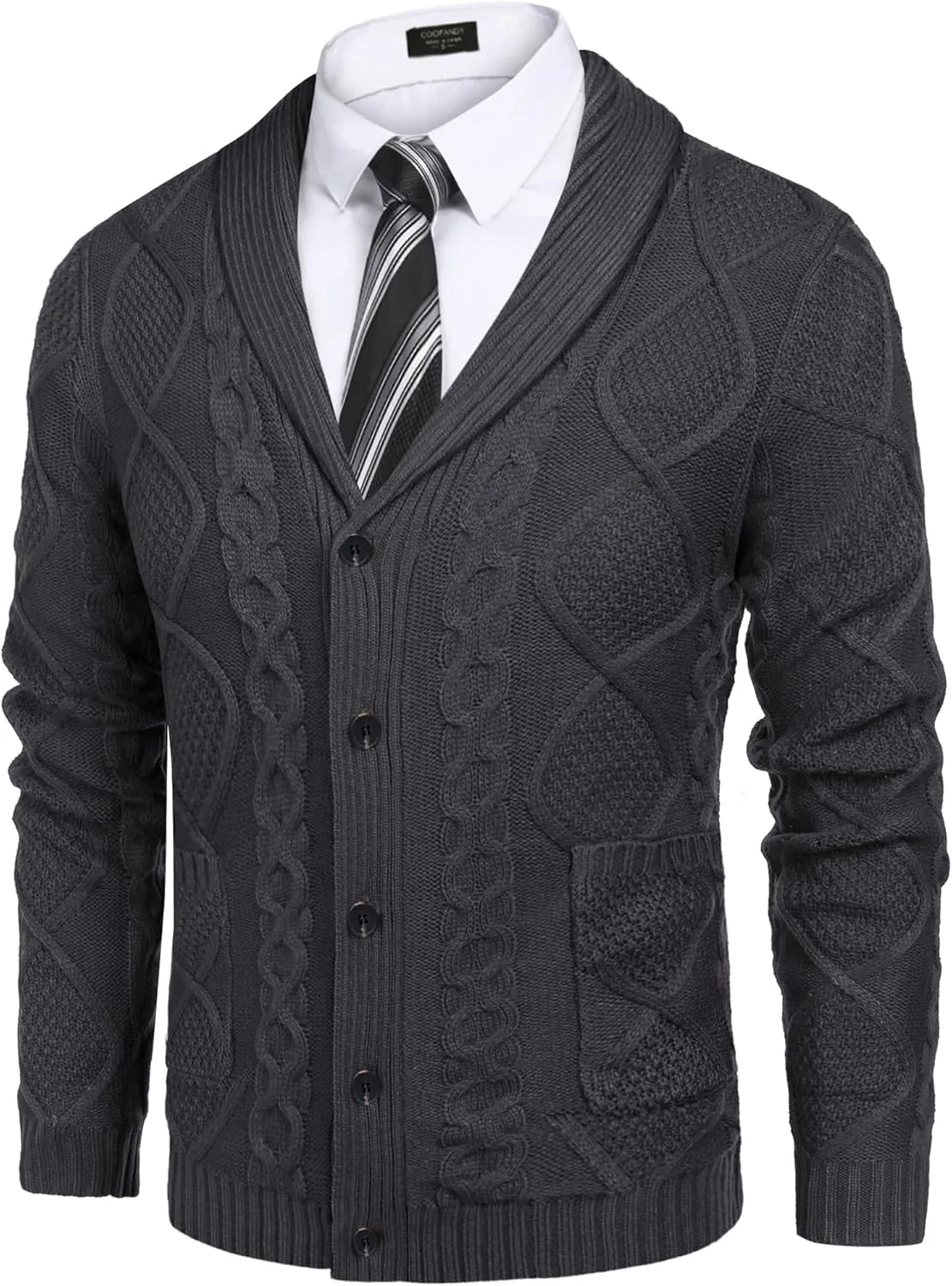 COOFANDY Mens Shawl Collar Cardigan Sweater Slim Fit Button Down Cable Knitted Sweater with Pockets