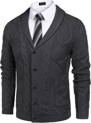 COOFANDY Mens Shawl Collar Cardigan Sweater Slim Fit Button Down Cable Knitted Sweater with Pockets