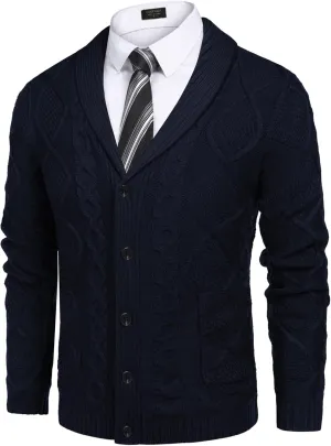 COOFANDY Mens Shawl Collar Cardigan Sweater Slim Fit Button Down Cable Knitted Sweater with Pockets