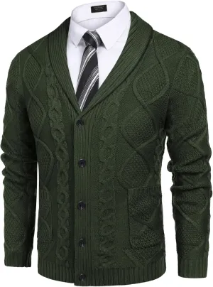 COOFANDY Mens Shawl Collar Cardigan Sweater Slim Fit Button Down Cable Knitted Sweater with Pockets