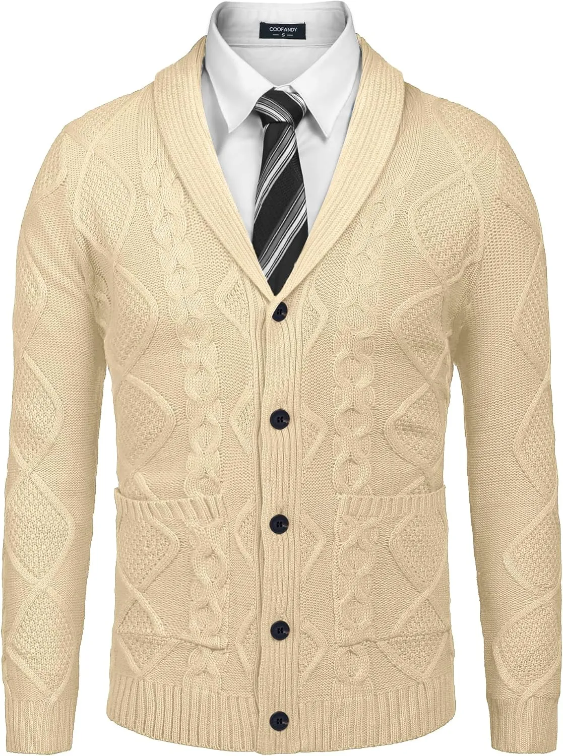 COOFANDY Mens Shawl Collar Cardigan Sweater Slim Fit Button Down Cable Knitted Sweater with Pockets