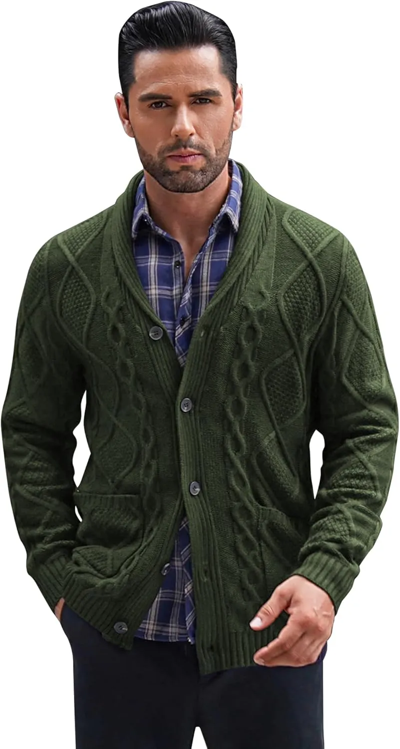 COOFANDY Mens Shawl Collar Cardigan Sweater Slim Fit Button Down Cable Knitted Sweater with Pockets