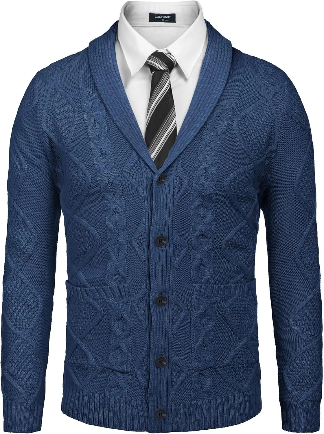 COOFANDY Mens Shawl Collar Cardigan Sweater Slim Fit Button Down Cable Knitted Sweater with Pockets