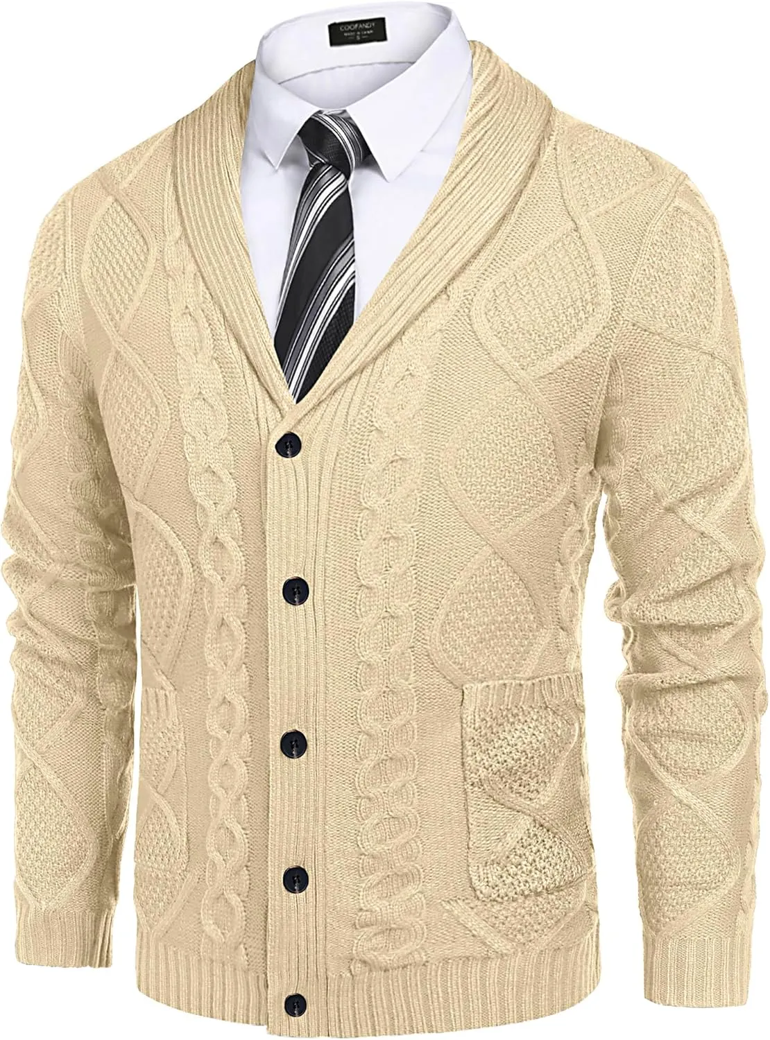 COOFANDY Mens Shawl Collar Cardigan Sweater Slim Fit Button Down Cable Knitted Sweater with Pockets