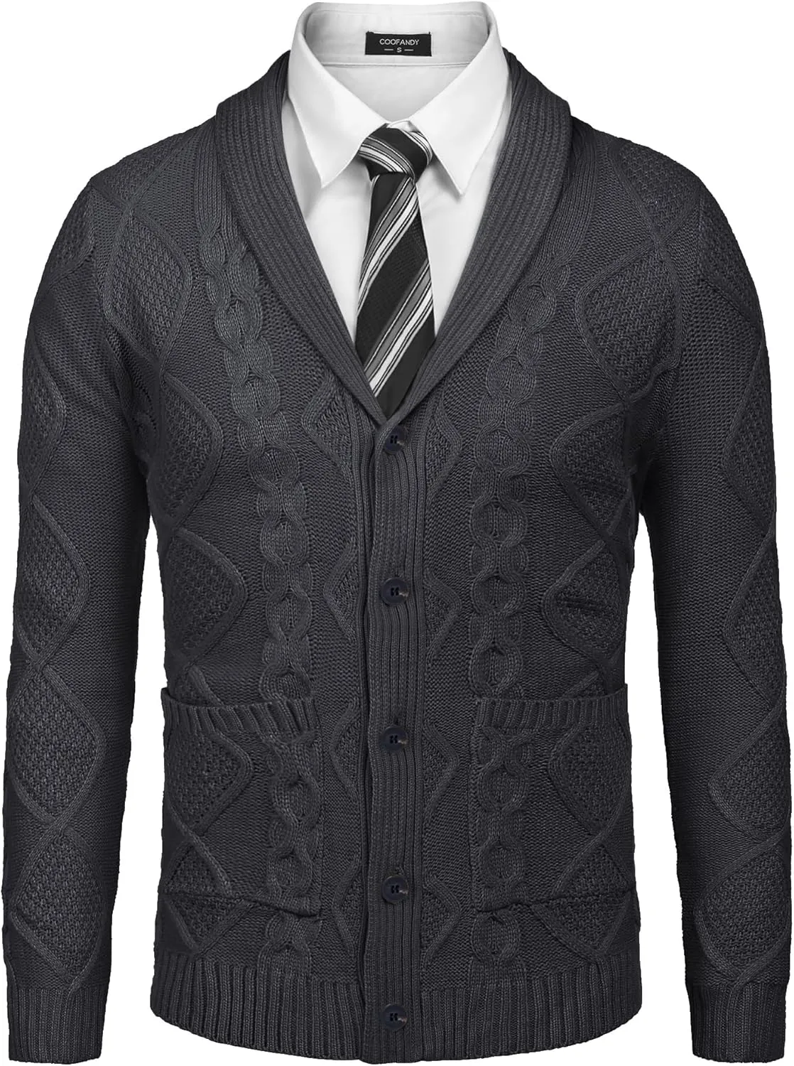 COOFANDY Mens Shawl Collar Cardigan Sweater Slim Fit Button Down Cable Knitted Sweater with Pockets