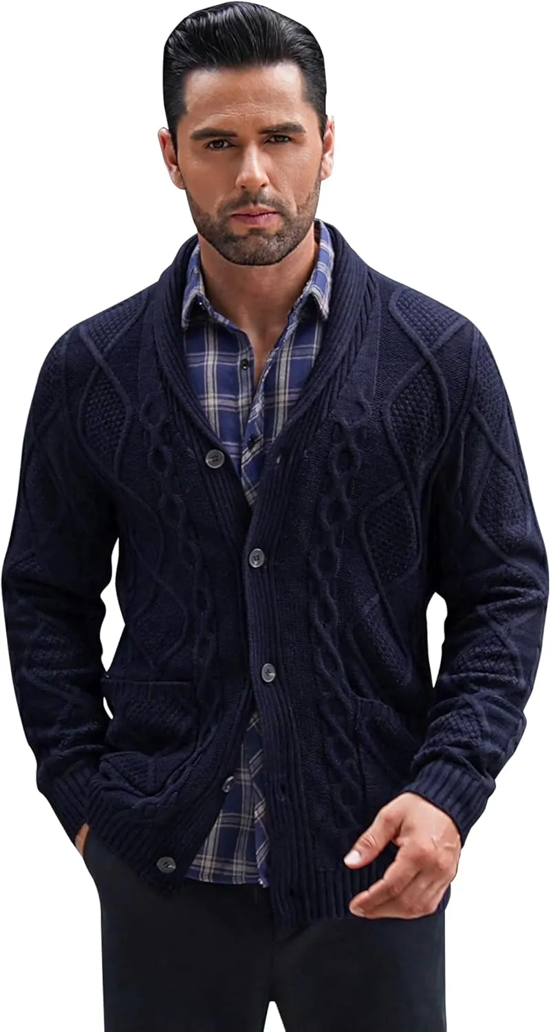 COOFANDY Mens Shawl Collar Cardigan Sweater Slim Fit Button Down Cable Knitted Sweater with Pockets