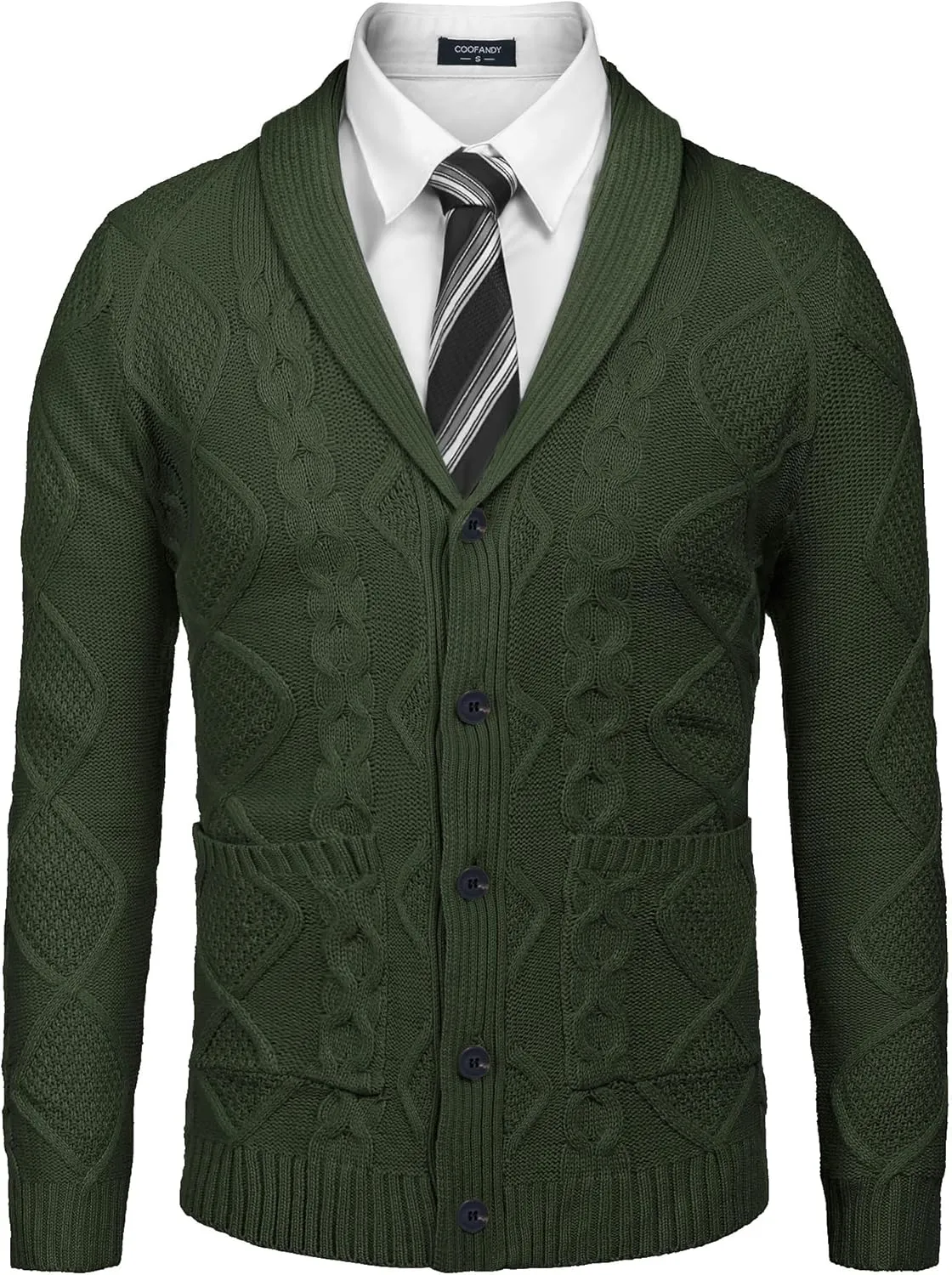 COOFANDY Mens Shawl Collar Cardigan Sweater Slim Fit Button Down Cable Knitted Sweater with Pockets