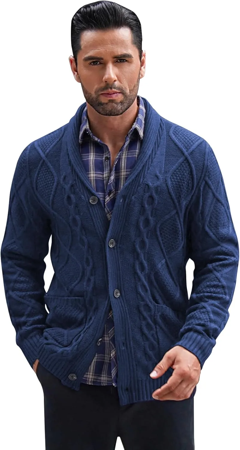 COOFANDY Mens Shawl Collar Cardigan Sweater Slim Fit Button Down Cable Knitted Sweater with Pockets