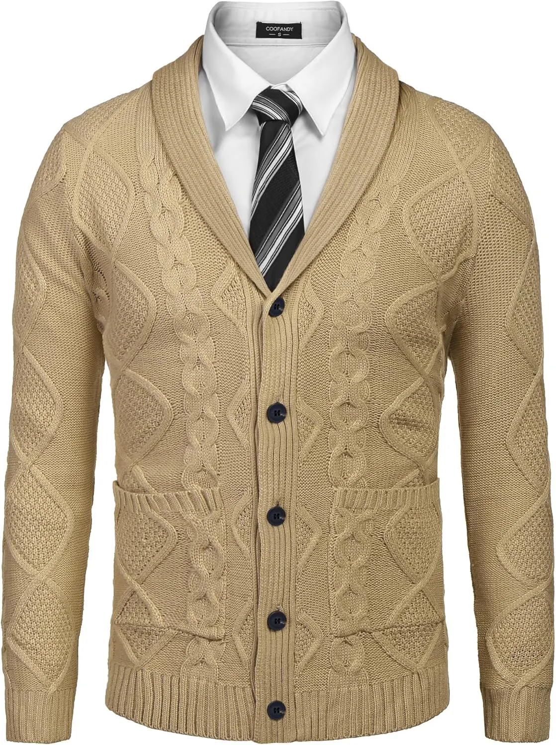 COOFANDY Mens Shawl Collar Cardigan Sweater Slim Fit Button Down Cable Knitted Sweater with Pockets