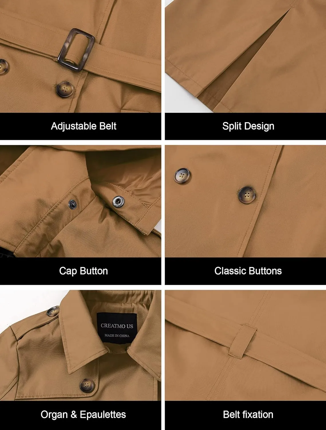 CREATMO US Women's Trench Coat Double-Breasted Classic Lapel Overcoat Belted Slim Outerwear Coat with Detachable Hood