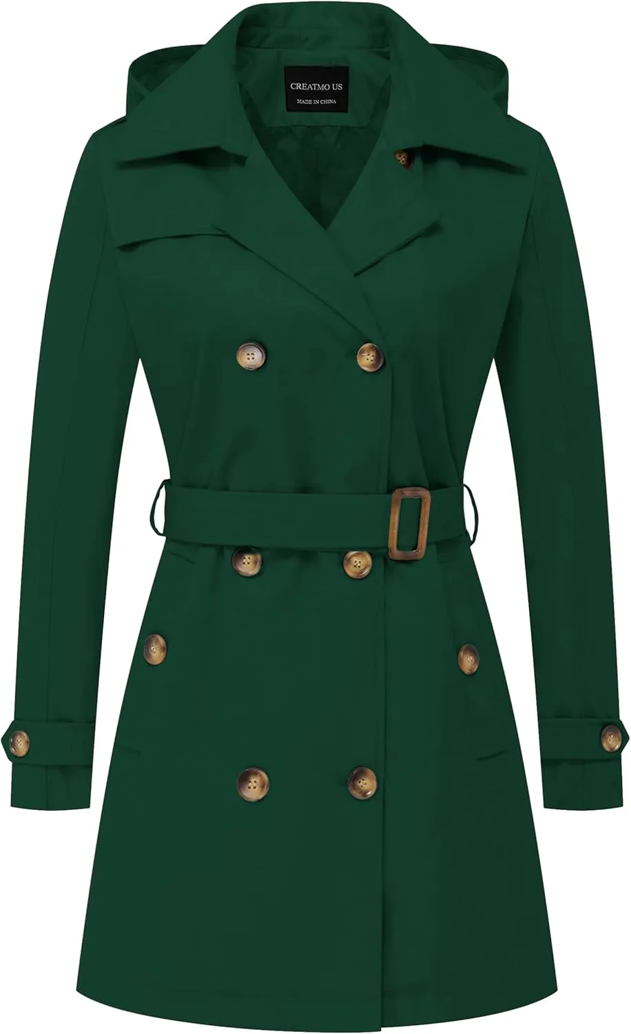 CREATMO US Women's Trench Coat Double-Breasted Classic Lapel Overcoat Belted Slim Outerwear Coat with Detachable Hood