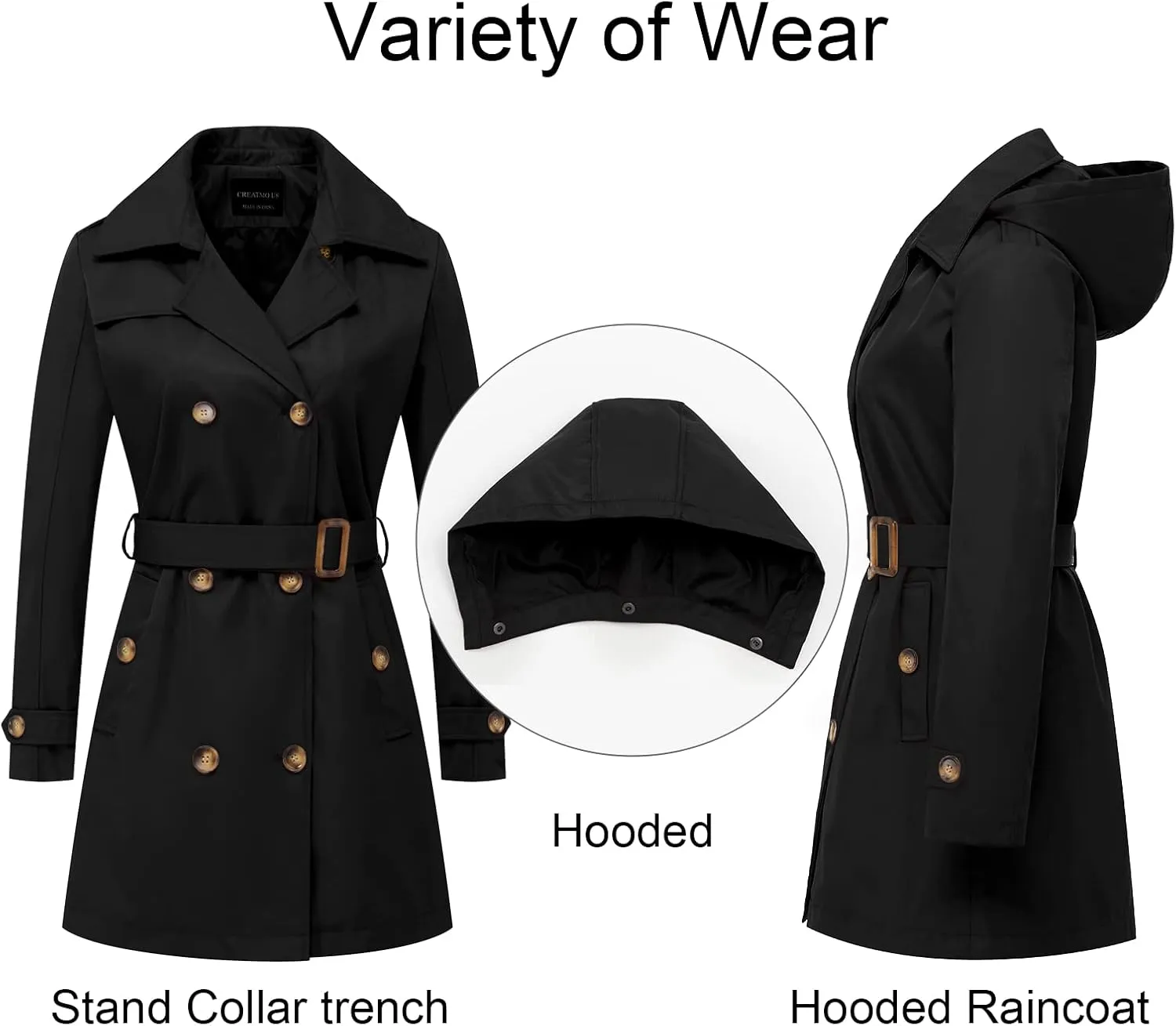 CREATMO US Women's Trench Coat Double-Breasted Classic Lapel Overcoat Belted Slim Outerwear Coat with Detachable Hood