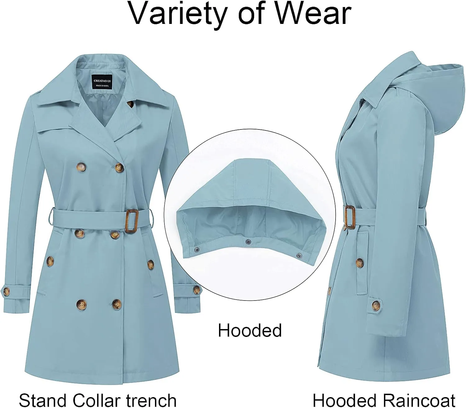 CREATMO US Women's Trench Coat Double-Breasted Classic Lapel Overcoat Belted Slim Outerwear Coat with Detachable Hood