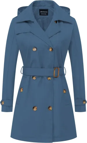 CREATMO US Women's Trench Coat Double-Breasted Classic Lapel Overcoat Belted Slim Outerwear Coat with Detachable Hood
