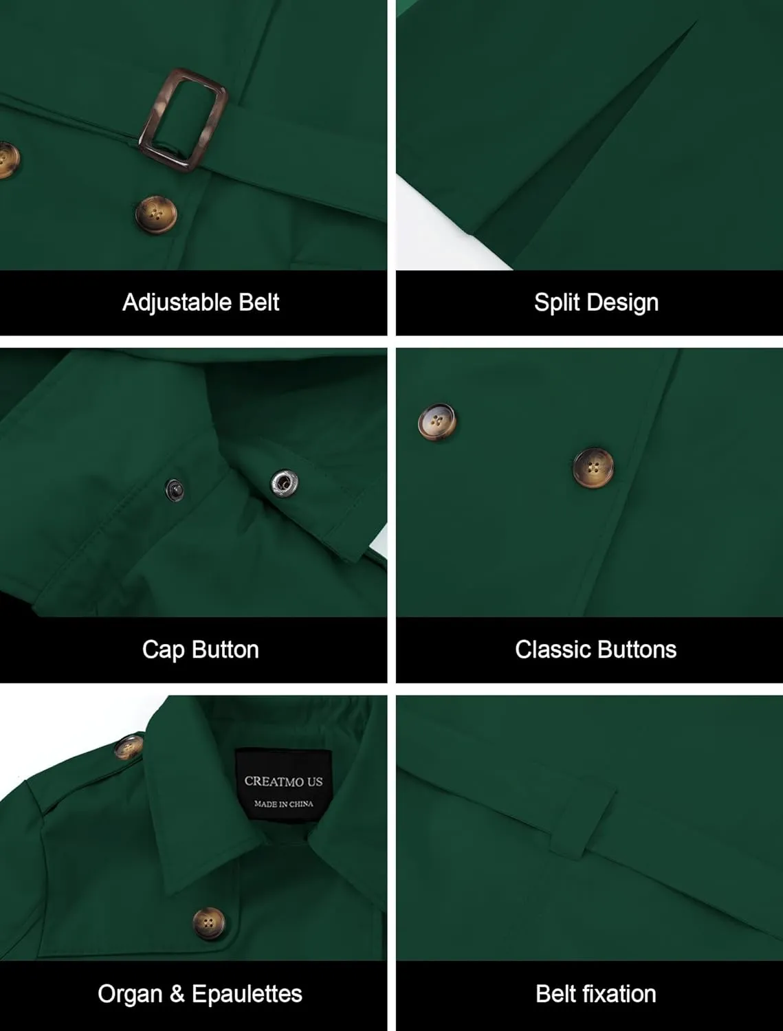 CREATMO US Women's Trench Coat Double-Breasted Classic Lapel Overcoat Belted Slim Outerwear Coat with Detachable Hood