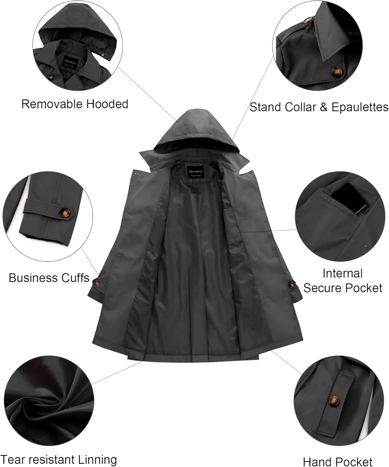 CREATMO US Women's Trench Coat Double-Breasted Classic Lapel Overcoat Belted Slim Outerwear Coat with Detachable Hood