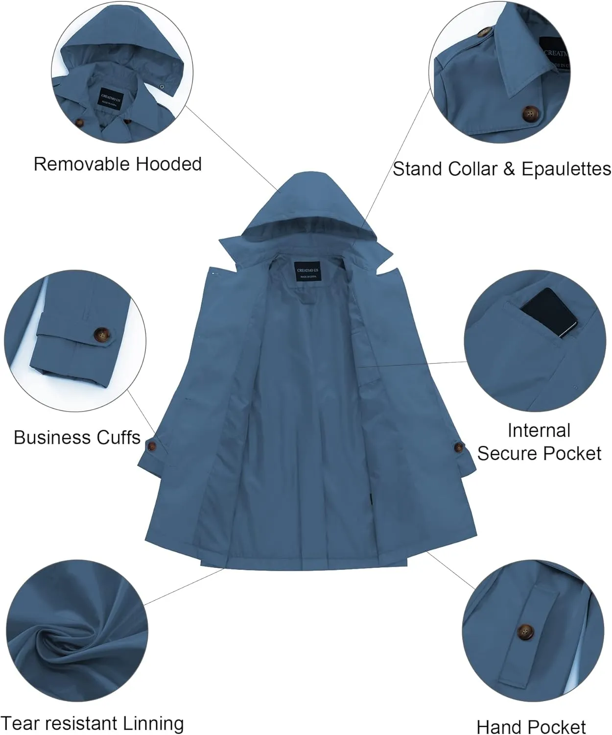 CREATMO US Women's Trench Coat Double-Breasted Classic Lapel Overcoat Belted Slim Outerwear Coat with Detachable Hood