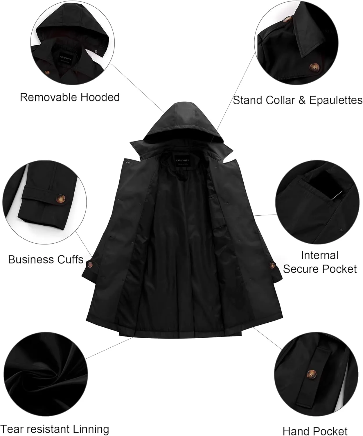 CREATMO US Women's Trench Coat Double-Breasted Classic Lapel Overcoat Belted Slim Outerwear Coat with Detachable Hood