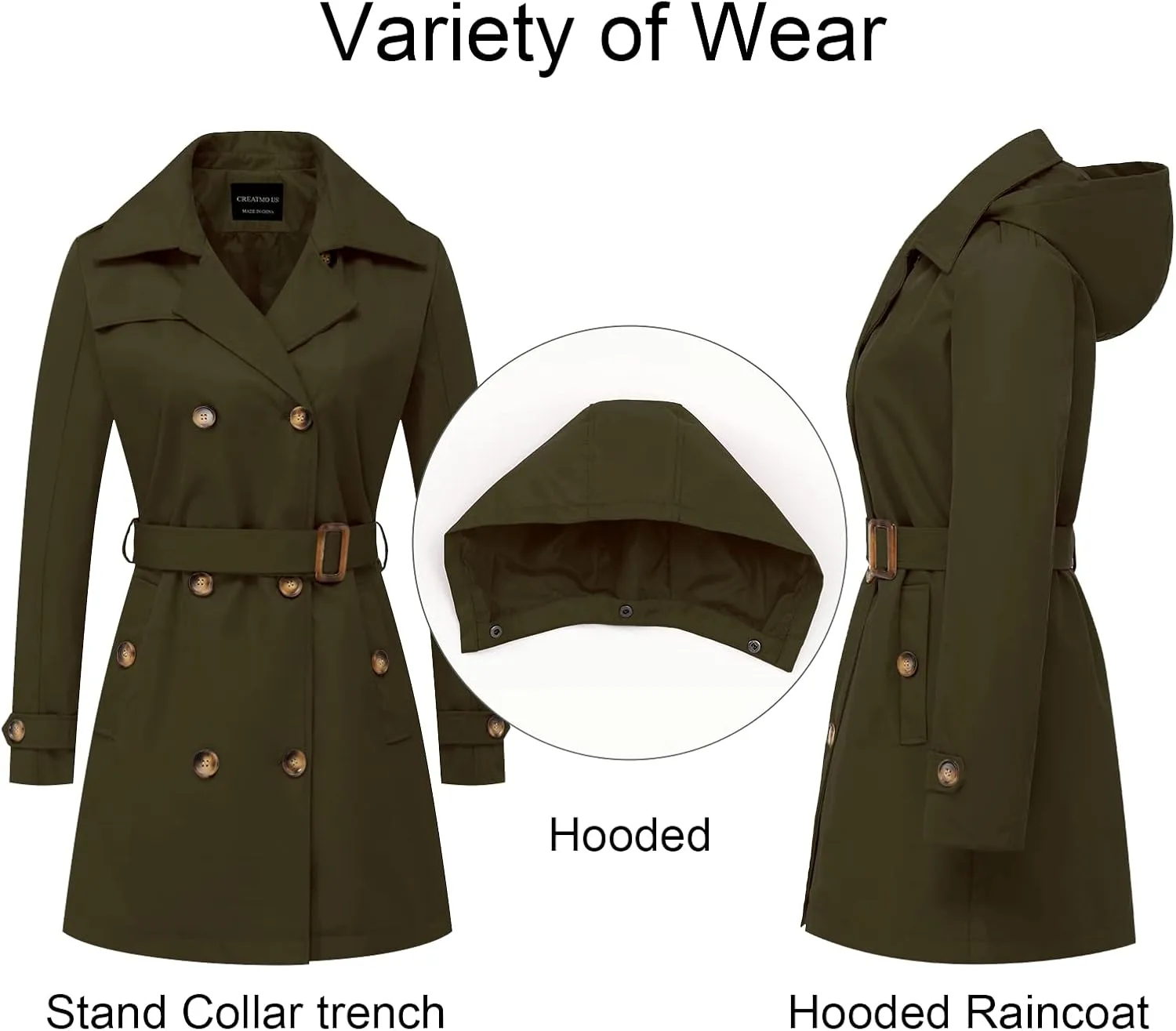 CREATMO US Women's Trench Coat Double-Breasted Classic Lapel Overcoat Belted Slim Outerwear Coat with Detachable Hood