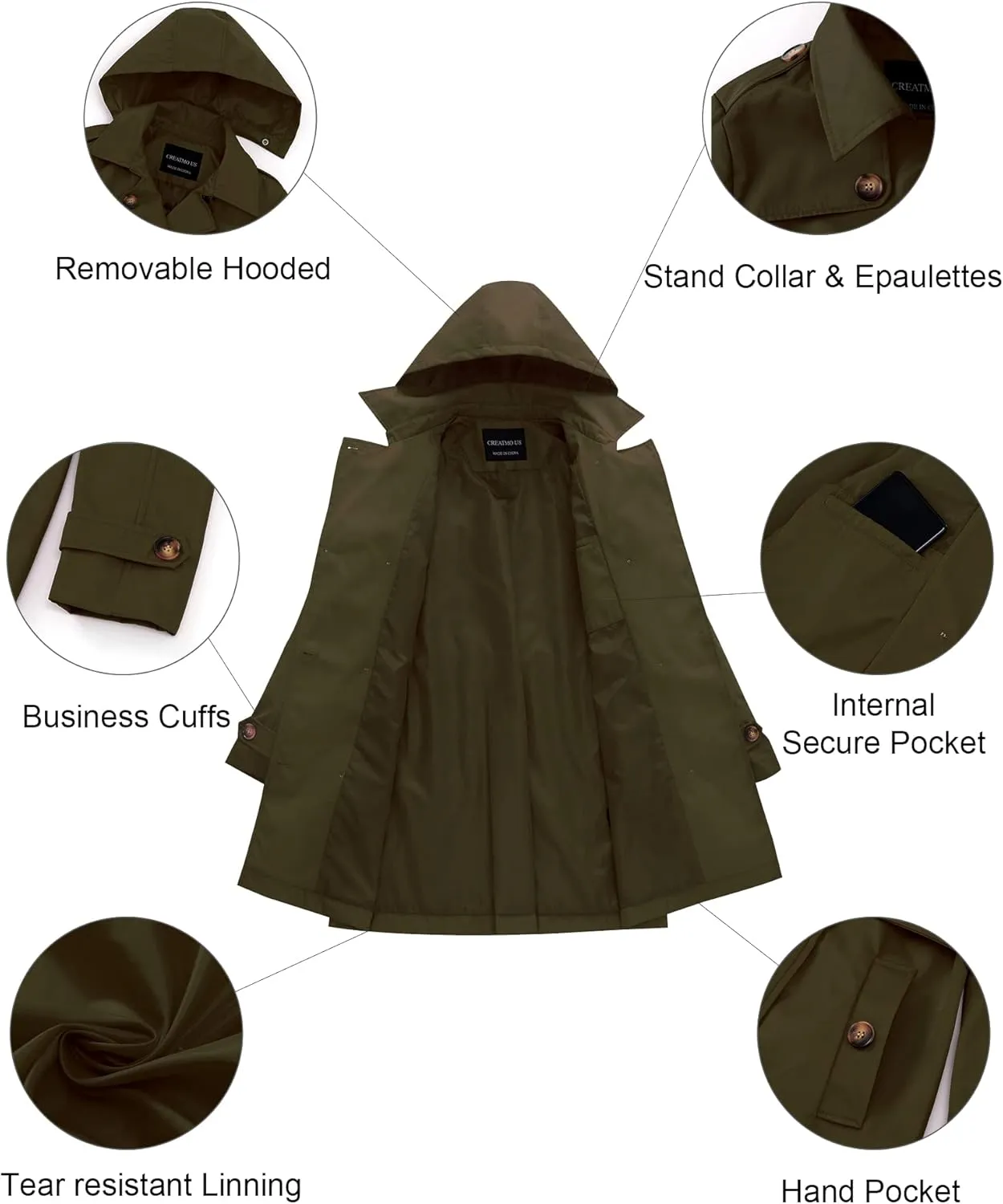 CREATMO US Women's Trench Coat Double-Breasted Classic Lapel Overcoat Belted Slim Outerwear Coat with Detachable Hood