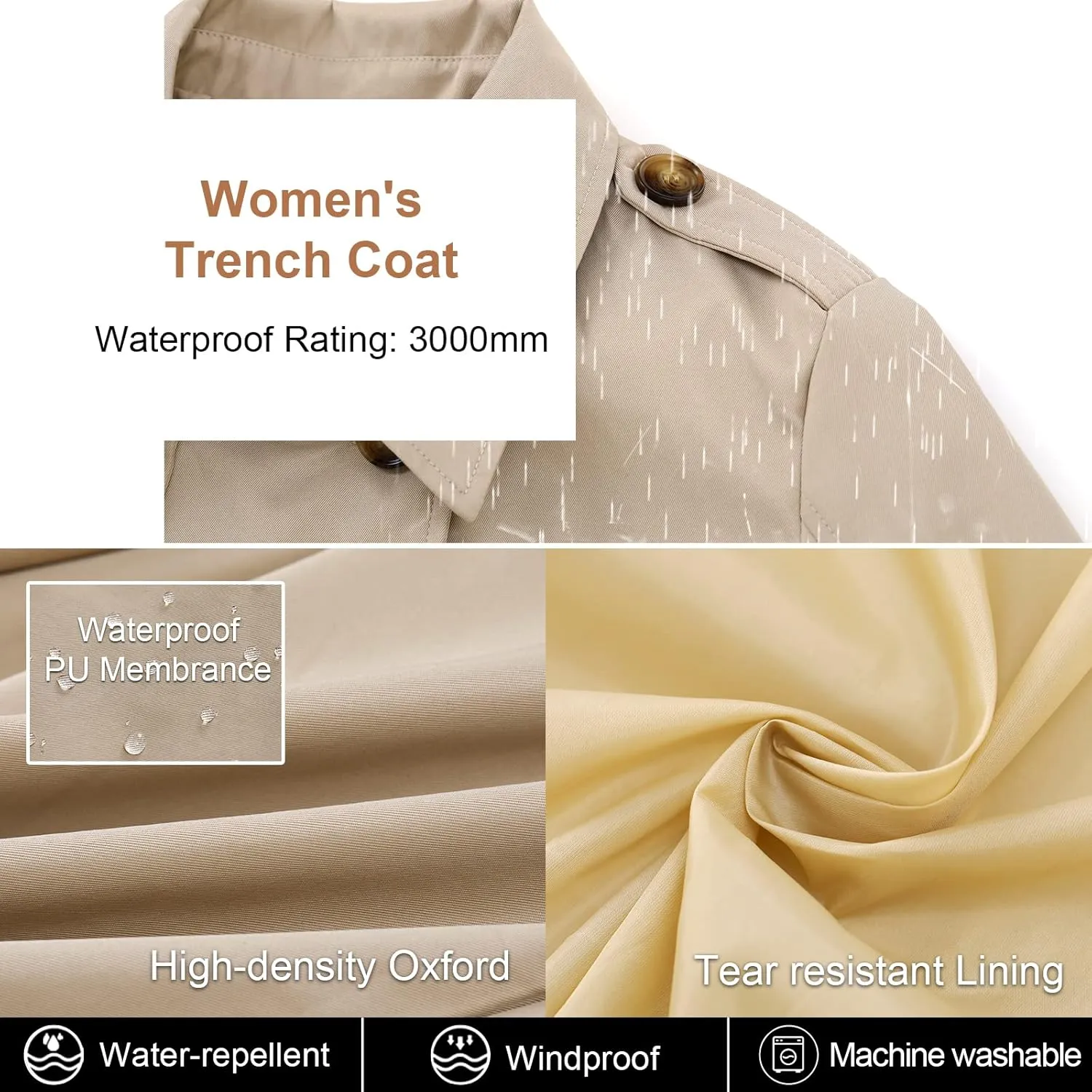 CREATMO US Women's Trench Coat Double-Breasted Classic Lapel Overcoat Belted Slim Outerwear Coat with Detachable Hood