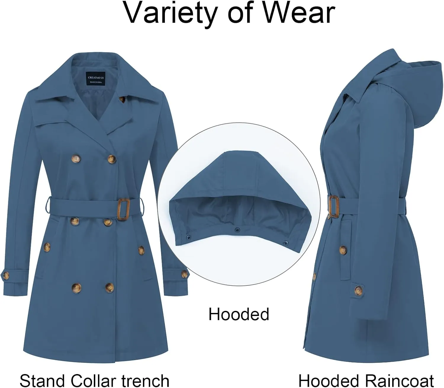 CREATMO US Women's Trench Coat Double-Breasted Classic Lapel Overcoat Belted Slim Outerwear Coat with Detachable Hood