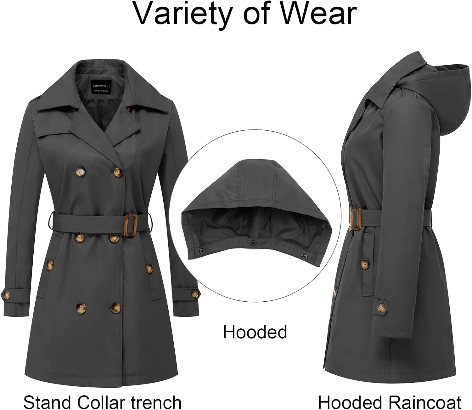 CREATMO US Women's Trench Coat Double-Breasted Classic Lapel Overcoat Belted Slim Outerwear Coat with Detachable Hood