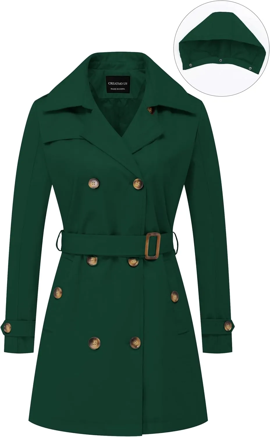 CREATMO US Women's Trench Coat Double-Breasted Classic Lapel Overcoat Belted Slim Outerwear Coat with Detachable Hood
