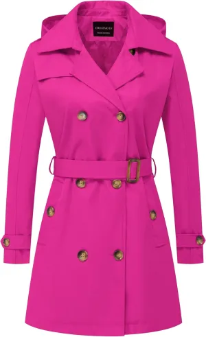 CREATMO US Women's Trench Coat Double-Breasted Classic Lapel Overcoat Belted Slim Outerwear Coat with Detachable Hood