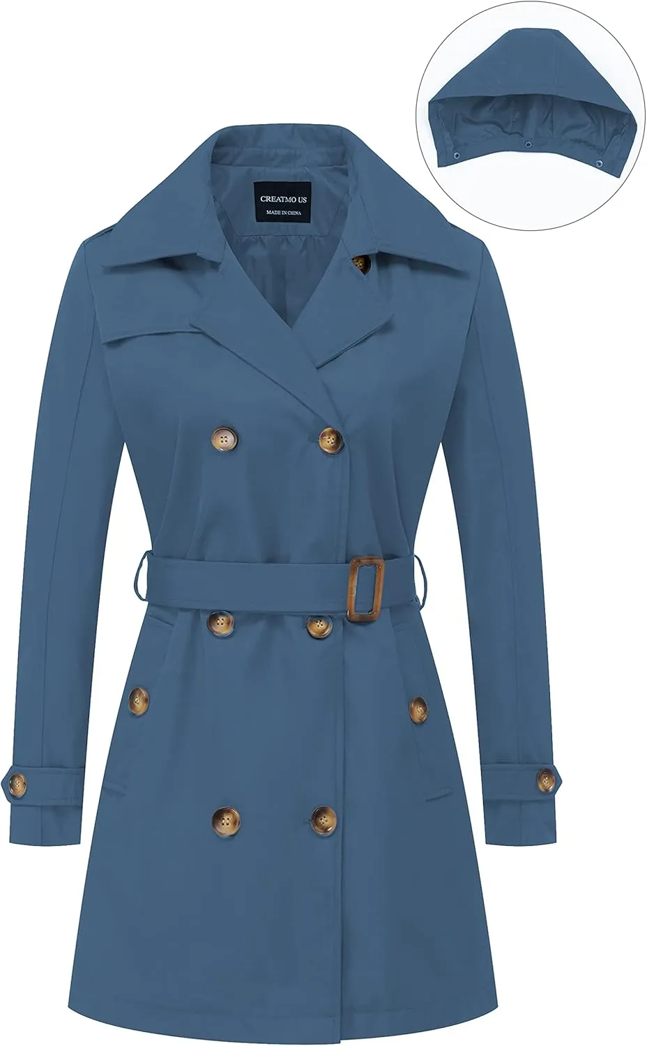 CREATMO US Women's Trench Coat Double-Breasted Classic Lapel Overcoat Belted Slim Outerwear Coat with Detachable Hood