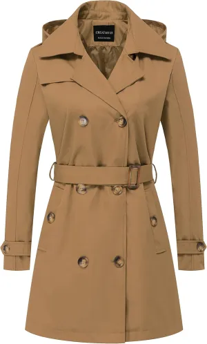 CREATMO US Women's Trench Coat Double-Breasted Classic Lapel Overcoat Belted Slim Outerwear Coat with Detachable Hood