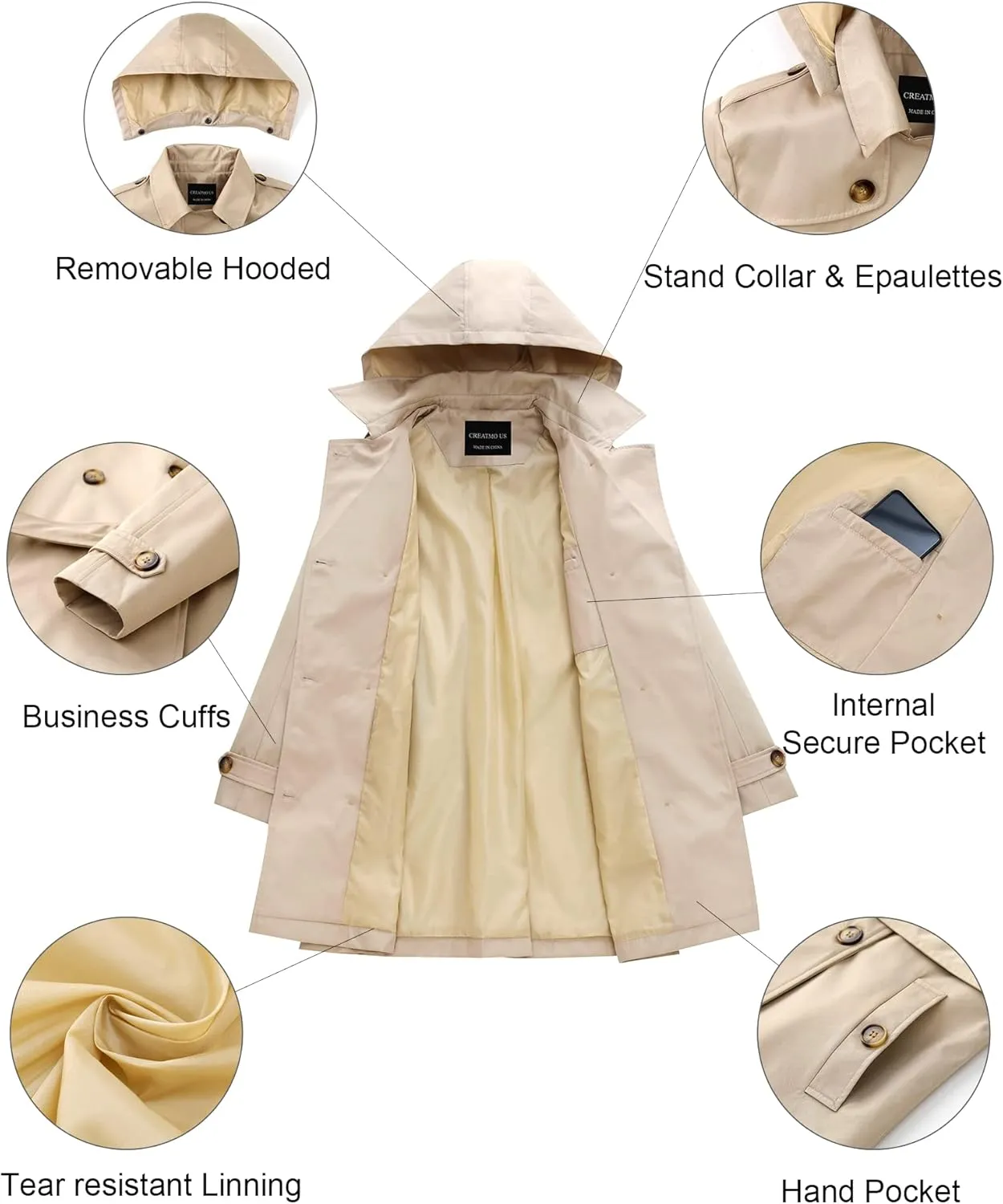 CREATMO US Women's Trench Coat Double-Breasted Classic Lapel Overcoat Belted Slim Outerwear Coat with Detachable Hood