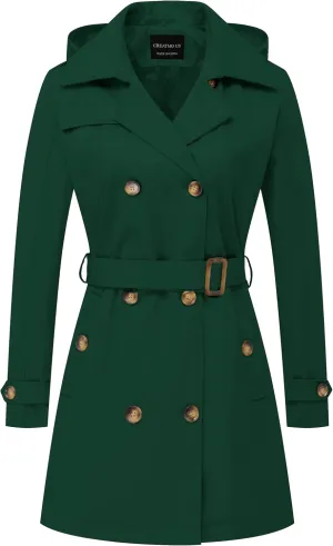 CREATMO US Women's Trench Coat Double-Breasted Classic Lapel Overcoat Belted Slim Outerwear Coat with Detachable Hood