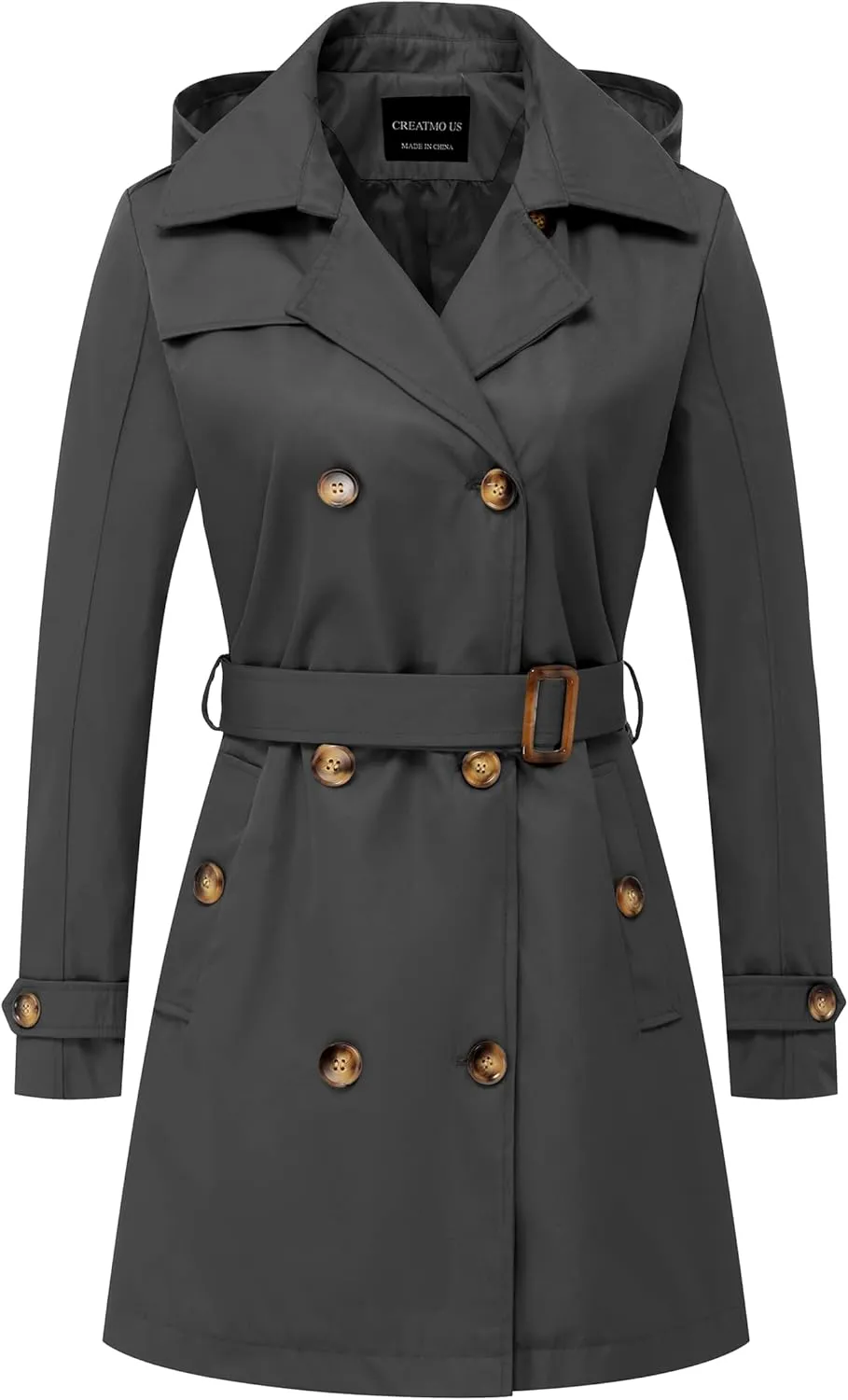 CREATMO US Women's Trench Coat Double-Breasted Classic Lapel Overcoat Belted Slim Outerwear Coat with Detachable Hood