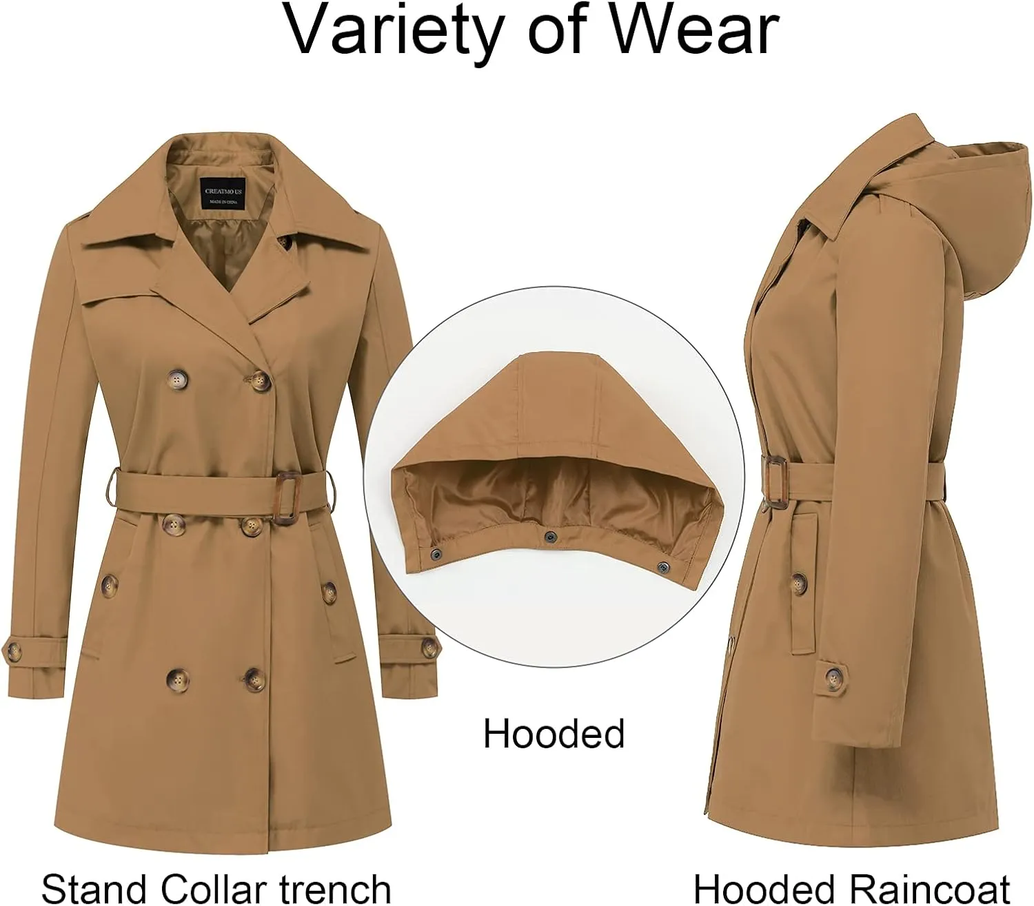 CREATMO US Women's Trench Coat Double-Breasted Classic Lapel Overcoat Belted Slim Outerwear Coat with Detachable Hood