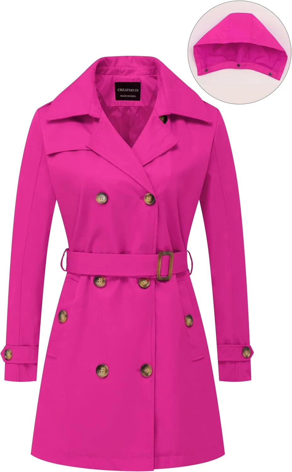 CREATMO US Women's Trench Coat Double-Breasted Classic Lapel Overcoat Belted Slim Outerwear Coat with Detachable Hood