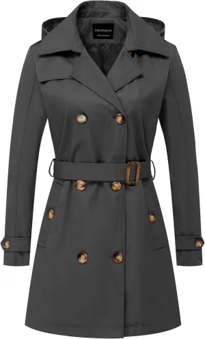 CREATMO US Women's Trench Coat Double-Breasted Classic Lapel Overcoat Belted Slim Outerwear Coat with Detachable Hood