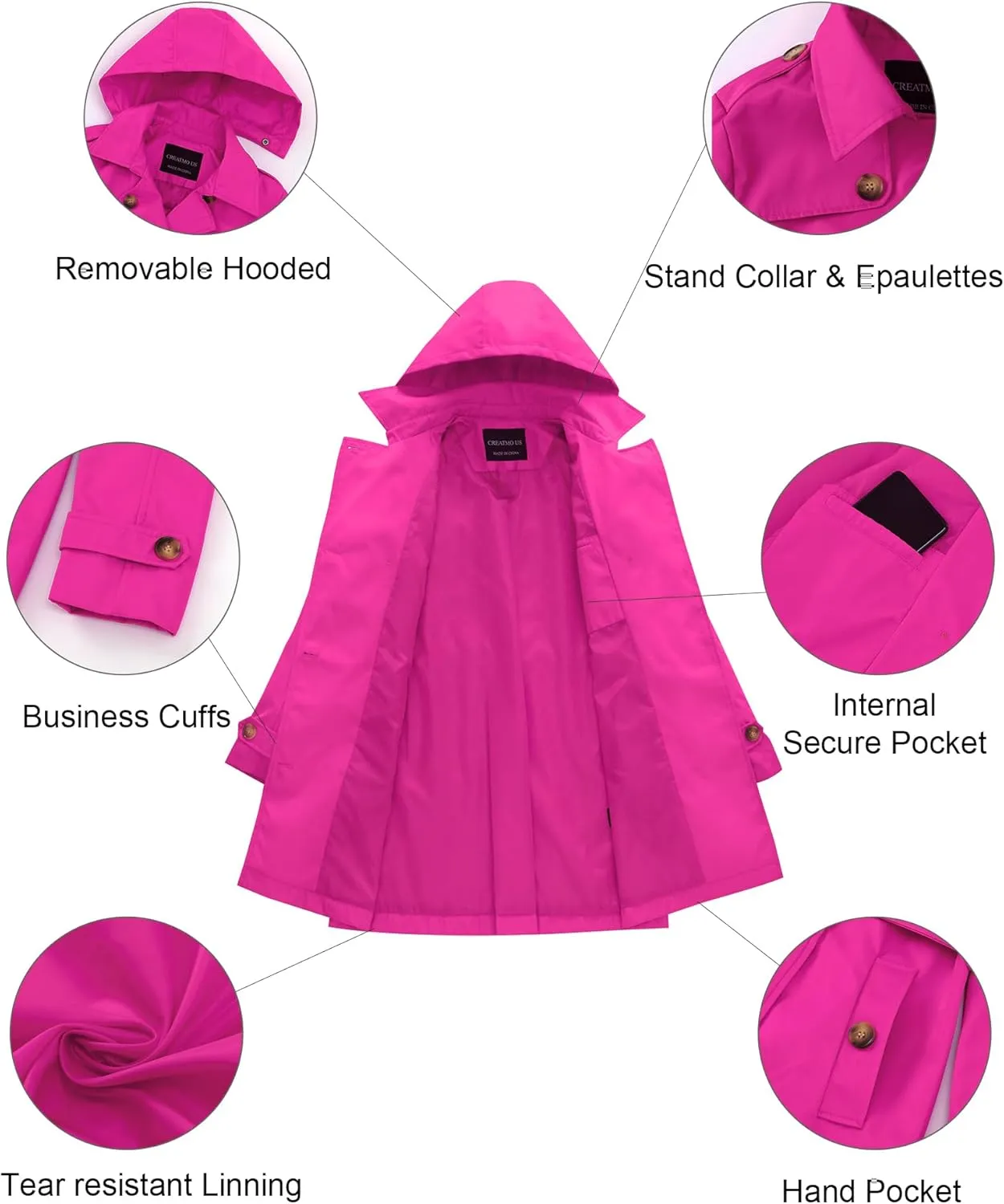 CREATMO US Women's Trench Coat Double-Breasted Classic Lapel Overcoat Belted Slim Outerwear Coat with Detachable Hood