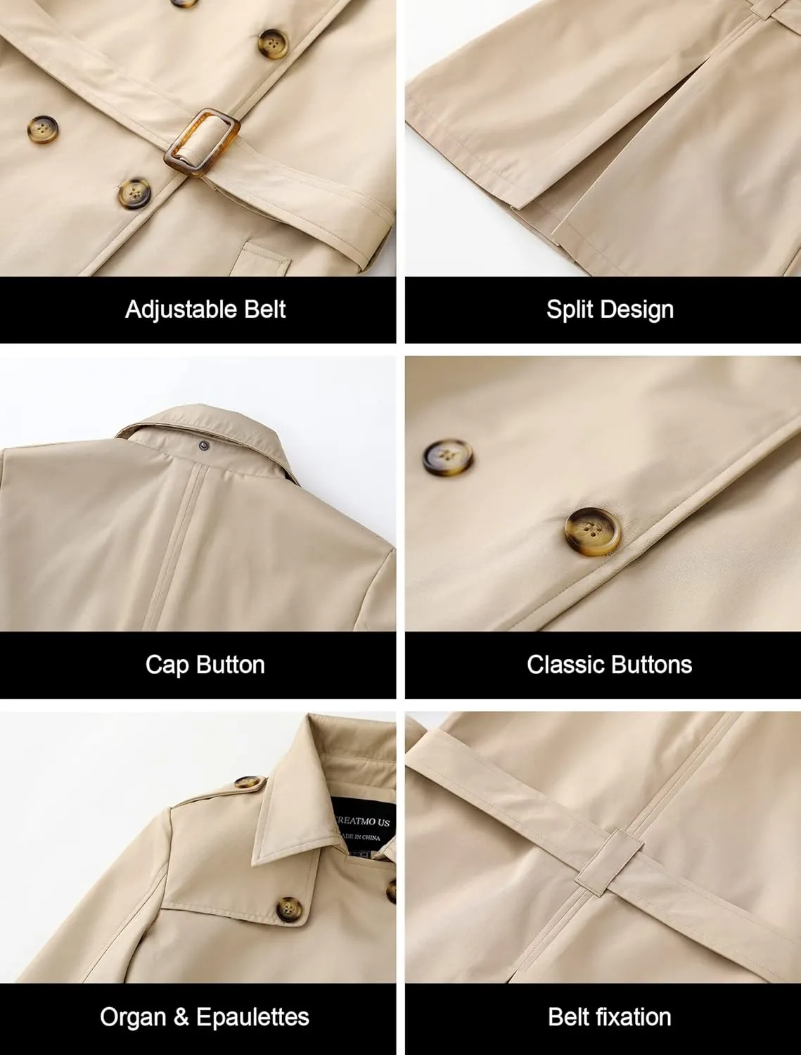 CREATMO US Women's Trench Coat Double-Breasted Classic Lapel Overcoat Belted Slim Outerwear Coat with Detachable Hood