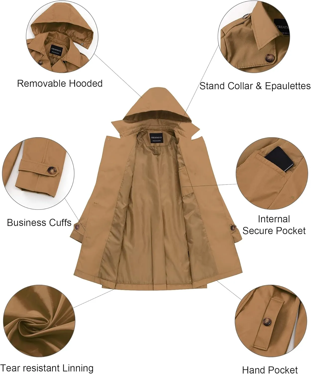 CREATMO US Women's Trench Coat Double-Breasted Classic Lapel Overcoat Belted Slim Outerwear Coat with Detachable Hood