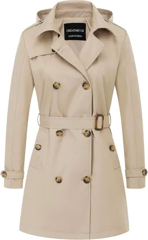 CREATMO US Women's Trench Coat Double-Breasted Classic Lapel Overcoat Belted Slim Outerwear Coat with Detachable Hood