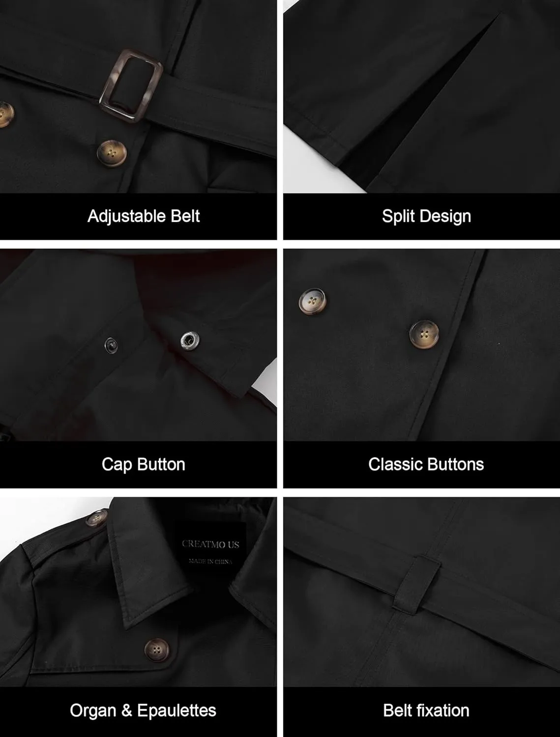CREATMO US Women's Trench Coat Double-Breasted Classic Lapel Overcoat Belted Slim Outerwear Coat with Detachable Hood