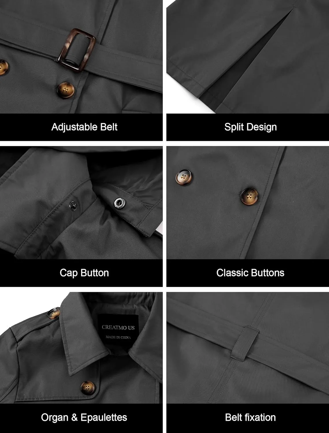 CREATMO US Women's Trench Coat Double-Breasted Classic Lapel Overcoat Belted Slim Outerwear Coat with Detachable Hood