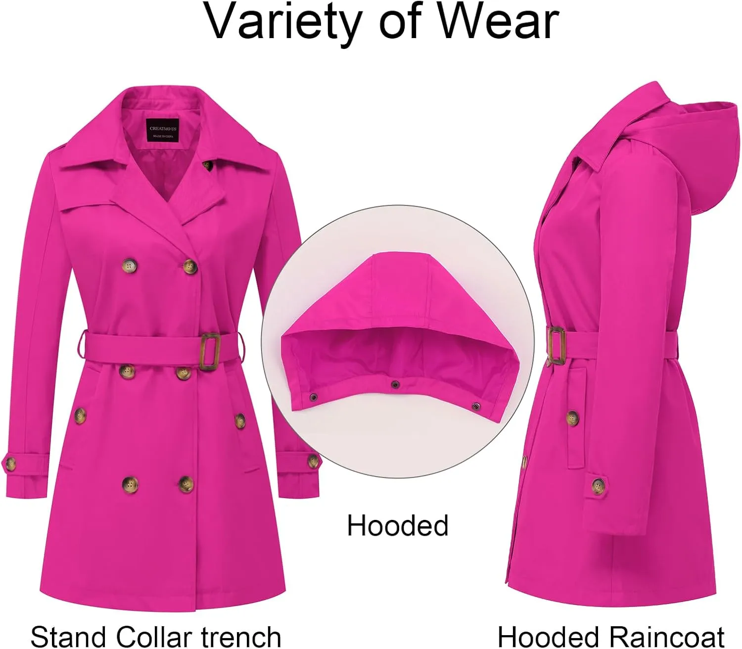 CREATMO US Women's Trench Coat Double-Breasted Classic Lapel Overcoat Belted Slim Outerwear Coat with Detachable Hood
