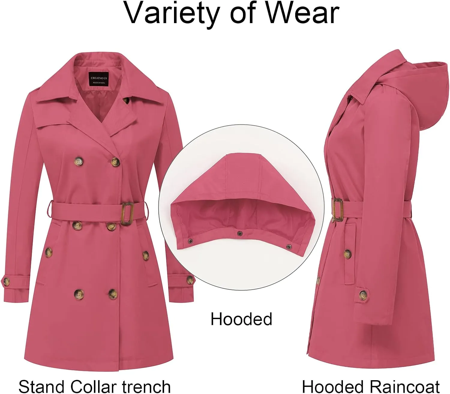 CREATMO US Women's Trench Coat Double-Breasted Classic Lapel Overcoat Belted Slim Outerwear Coat with Detachable Hood